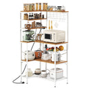 L-Shaped Bakers Rack with Power Outlet, 6-Tier Microwave Stand with Open Storage, Coffee Bar with Hooks, Mesh Grid, Kitchen Shelf with Wire Basket, Rustic Brown and Black