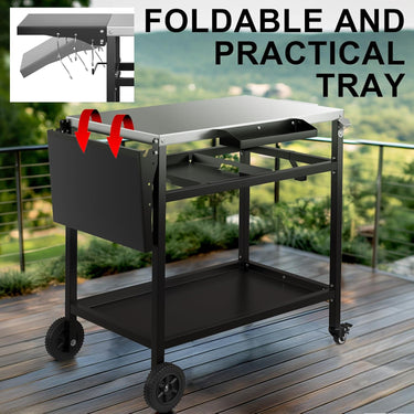 3-Shelf Grill Table for Outside with Removable Tray, Stainless Steel Grill Cart with Foldable Side Table, Movable Outdoor Prep Table, 33" L x 20" W