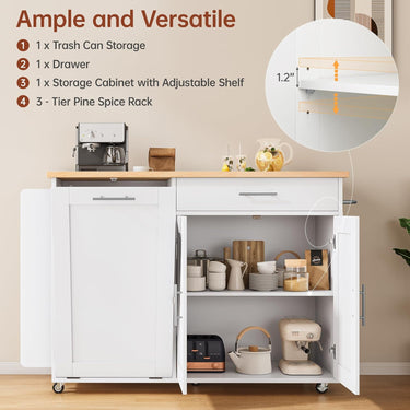 Kitchen Island with Hidden Trash Can Storage, Rolling Kitchen Island with Storage, Drop Leaf, 3-Tier Spice Rack, Towel Rack & Drawer, Portable Island for Kitchen