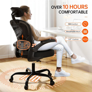 Ergonomic Office Chair Big and Tall, 350LBS Capacity, 6'5" Tall Max, Home High Back Desk Chair for Long Hours Comfortable, Adjustable Lumbar Support and Headrest, Flip-up Arm and PU Wheels, Black