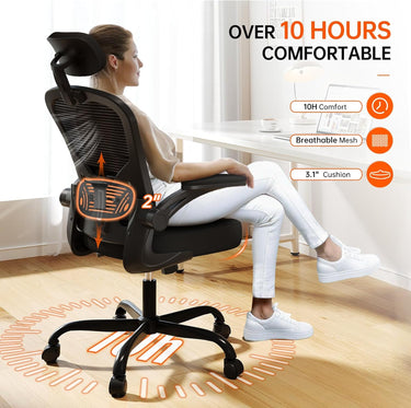 Ergonomic Office Chair Big and Tall, 350LBS Capacity, 6'5" Tall Max, Home High Back Desk Chair for Long Hours Comfortable, Adjustable Lumbar Support and Headrest, Flip-up Arm and PU Wheels, Black