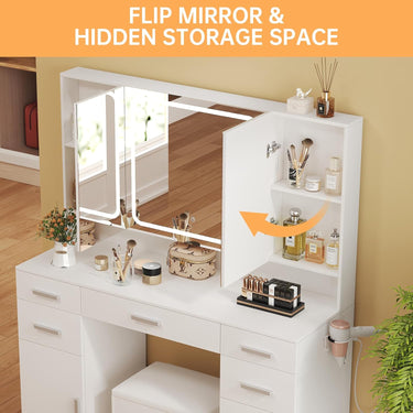 Vanity Desk with Mirror and Lights, Vanity Tables with 7 Drawers, Makeup Vanity with Tri-Folding 3 Colors Lighting Mirror and Cushioned Stool, Big Vanities Perfect for Bedroom, White