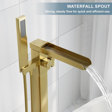 Waterfall Free Standing Tub Faucet, High Pressure Floor Mount Bathtub Faucet, Brass Tub Filler with Hand Shower, High Flow Rate Max 7.4 GPM, Swivel Spout with 2 Water Modes