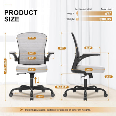 Office Desk Chair, Ergonomic Chairs with Wheels 330LBS Capacity, High Back Mesh Chair for Home Office, Adjustable Lumbar Support, Flip-up Armrests, Comfortable Work Chairs for Back Pain, Grey