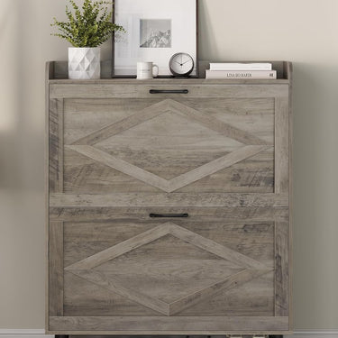 Shoe Storage Cabinet with 2 Flip Drawers, Farmhouse Narrow Shoe Cabinet for Entryway, Slim Shoe Organizer Cabinet with Wood Legs, Washed Gray