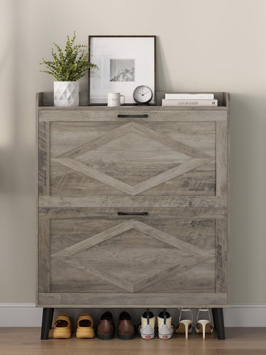Shoe Storage Cabinet with 2 Flip Drawers, Farmhouse Narrow Shoe Cabinet for Entryway, Slim Shoe Organizer Cabinet with Wood Legs, Washed Gray