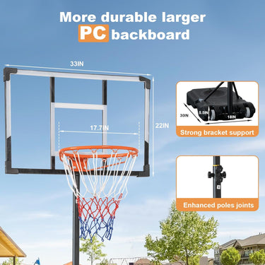 Basketball Hoop Outdoor 33inch Portable, 4.82-8.53ft Adjustable Basketball Goals for Teenagers/Youth with PC Backboard and Extra Sandbag