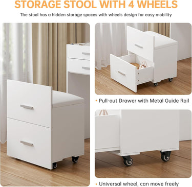 3 in 1 Vanity Desk, Compact Vanity with 3 Drawers, Makeup Desk with Flip-up 3 Colors Lighting Mirror and Cushioned Stool, Small Vanity Nightstand Perfect for Bedroom, White