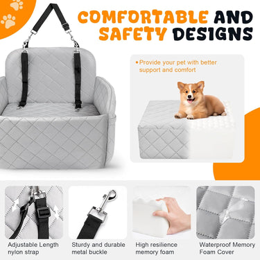 Dog Booster Car Seat for Small/Medium Size, Memory Foam Dog Car Seats, Detachable Booster Cushion, Two Side Pockets, Safety Straps, Washable Pet Car Seat (Grey)