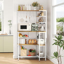 L-Shaped Bakers Rack with Power Outlet, 6-Tier Microwave Stand with Open Storage, Coffee Bar with Hooks, Mesh Grid, Kitchen Shelf with Wire Basket, White