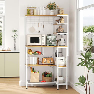 L-Shaped Bakers Rack with Power Outlet, 6-Tier Microwave Stand with Open Storage, Coffee Bar with Hooks, Mesh Grid, Kitchen Shelf with Wire Basket, White