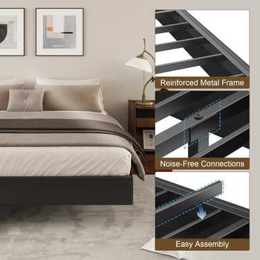 Queen Size Floating Bed Frame with LED Lights, Black Upholstered and Metal Platform Bed Queen, Modern Stable Floating Bed Frame Without Headboard, No Box Spring Needed, Easy to Assemble