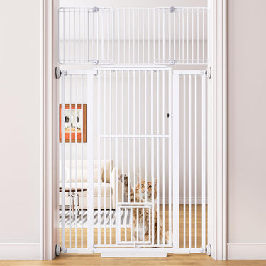 55.1'' Extra Tall Pet Gate for Cat, 29.5-43'' Extra Wide Cat Gate for Doorway with Upgraded Cat Door and 1.37'' Narrower Bar Spacing, NO Drilling Pressure Mounted Dog Gate Indoor