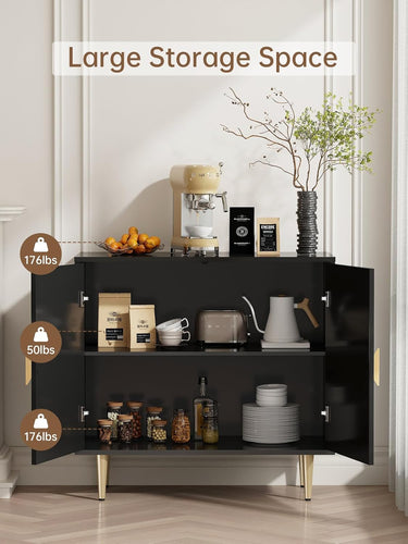 Sideboard Cabinet, 31.5'' Modern Buffet Cabinet with Storage, Credenza Buffet Table with 2 Doors and Adjustable Shelf, Sideboard Buffet Cabinet for Living Room, Kitchen and Entryway, Black