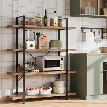 Bookshelf, 4 Tier Book Shelf, Industrial Bookcase for Home and Office, 47" Length Wide Wood Standing Bookshelf Display Open Shelving Rack, Rustic Horizontal Shelves for Living Room Bedroom