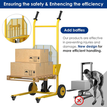Hydraulic Material Lift with Upgraded Baffle Pallet Lift 550 lbs 37.4” Max Lift with Front Universal Wheels and 9" Polyurethane Wheels, 18.5" Fork Length, Lift Dolly, Hand Forklift, Steel Platform x 1