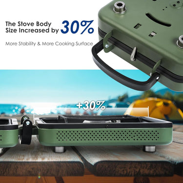 2 Burner Camping Stove with Carrying Bag,Windscreen&Table, Foldable Propane Camp Stove with 17,200 BTU for Camping, Outdoor Cooking, Portable Gas Stove with Adjustable Burner for BBQ,Green