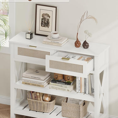 Console Table with 2 Rattan Drawers, Entryway Table with 3-Tier Storage Shelves, Narrow Long Sofa Table for Entryway, Hallway, Foyer and Living Room, White