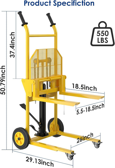 Hydraulic Material Lift with Upgraded Baffle Pallet Lift 550 lbs 37.4” Max Lift with Front Universal Wheels and 9" Polyurethane Wheels, 18.5" Fork Length, Lift Dolly, Hand Forklift, Steel Platform x 1