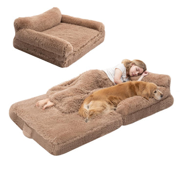 72" Foldable Human Dog Bed for Adults, Fluffy Faux Fur with Blanket, Orthopedic Washable Dog Bed with Memory Foam and Water Repellent Liner Extra Large Thick for Pet