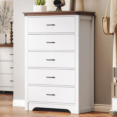 Farmhouse 5 Drawer Dresser for Bedroom, 47" Tall Chest of Drawers, Wood White Dresser with Deep Drawers, Storage Dressers Organizer for Bedroom, Living Room, Hallway