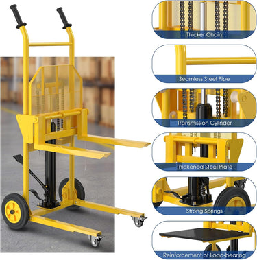 Hydraulic Material Lift with Upgraded Baffle Pallet Lift 550 lbs 37.4” Max Lift with Front Universal Wheels and 9" Polyurethane Wheels, 18.5" Fork Length, Lift Dolly, Hand Forklift, Steel Platform x 1