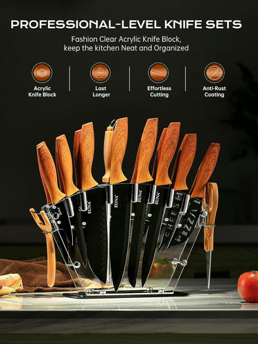 EUNA Knife Block Set, 19 PCS Kitchen Knife Set with Acrylic Block and Sharpener, German High-Carbon Stainless Steel Knife Sets with 6 Serrated Steak Knives, Bread Knife, Chef Knife, Dishwasher Safe