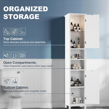 67“ Tall Bathroom Storage Cabinet with Lights, Slim Narrow Bathroom Cabinet Organizer with Doors and Adjustable Shelves, Freestanding Towel Cabinet for Small Space,White