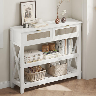 Console Table with 2 Rattan Drawers, Entryway Table with 3-Tier Storage Shelves, Narrow Long Sofa Table for Entryway, Hallway, Foyer and Living Room, Black