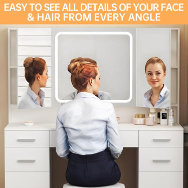 Vanity Desk with Mirror and Lights, Vanity Tables with 7 Drawers, Makeup Vanity with Tri-Folding 3 Colors Lighting Mirror and Cushioned Stool, Big Vanities Perfect for Bedroom, White