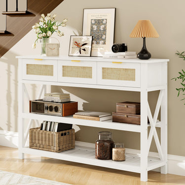 Console Table with 2 Rattan Drawers, Entryway Table with 3-Tier Storage Shelves, Narrow Long Sofa Table for Entryway, Hallway, Foyer and Living Room, White