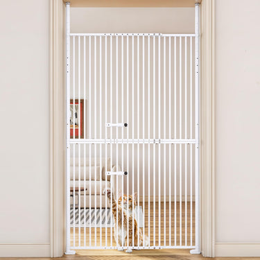 55.1'' Extra Tall Pet Gate for Cat, 29.5-43'' Extra Wide Cat Gate for Doorway with Upgraded Cat Door and 1.37'' Narrower Bar Spacing, NO Drilling Pressure Mounted Dog Gate Indoor