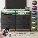 Black 6 Drawer Dresser for Bedroom with LED Lights and Charging Station, Modern Wood Dressers with Extra Side Bag, Double Wide Drawer Cabinet TV Stand for up to 60" TV for Living Room