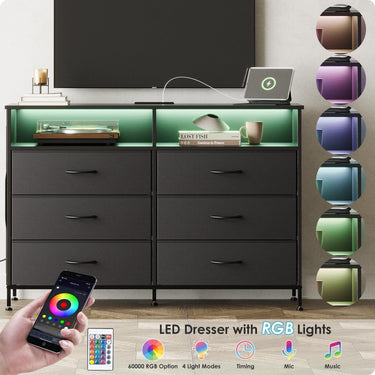 Black 6 Drawer Dresser for Bedroom with LED Lights and Charging Station, Modern Wood Dressers with Extra Side Bag, Double Wide Drawer Cabinet TV Stand for up to 60" TV for Living Room