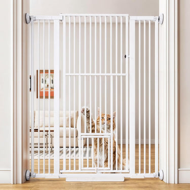 55.1'' Extra Tall Pet Gate for Cat, 29.5-43'' Extra Wide Cat Gate for Doorway with Upgraded Cat Door and 1.37'' Narrower Bar Spacing, NO Drilling Pressure Mounted Dog Gate Indoor