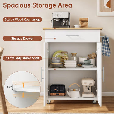 Kitchen Island Cart with Storage, Small Kitchen Island on Wheels with Large Drawer, Adjustable Shelf & Towel Rack, Rolling Island Table for Kitchen & Dining Room, White