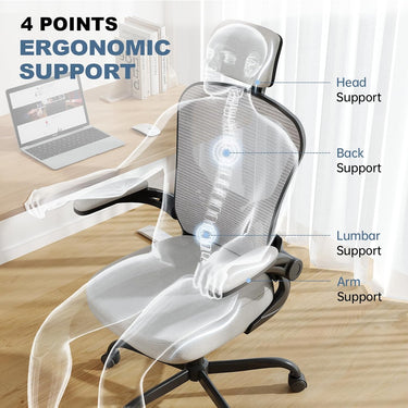 Ergonomic Office Chair Big and Tall, 350LBS Capacity, 6'5" Tall Max, Home High Back Desk Chair for Long Hours Comfortable, Adjustable Headrest, Lumbar Support, Flip-up Arm and PU Wheels, Light Gray