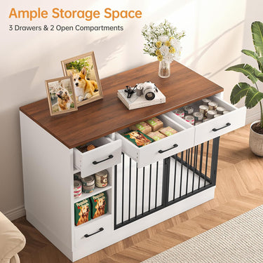Large Dog Crate Furniture, 47.2'' Dog Kennel Indoor with 3 Storage Drawers and Hidden Feeding Bowl, Sturdy Wooden Dog Crate with 2 Doors and Adjustable Shelf for Small, Medium Dogs