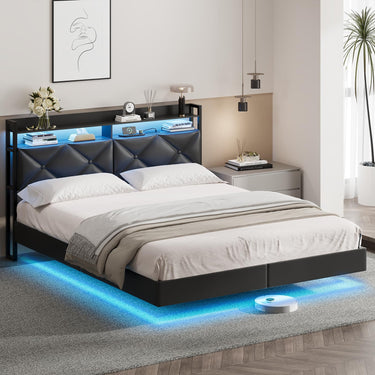 Queen Size Floating Bed Frame with LED Lights, Black Upholstered and Metal Platform Bed Queen, Modern Stable Floating Bed Frame Without Headboard, No Box Spring Needed, Easy to Assemble