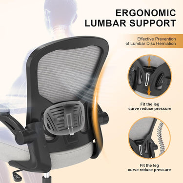 Office Desk Chair, Ergonomic Chairs with Wheels 330LBS Capacity, High Back Mesh Chair for Home Office, Adjustable Lumbar Support, Flip-up Armrests, Comfortable Work Chairs for Back Pain, Grey