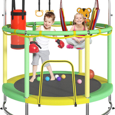 Trampoline for Kids, Upgrade Full Anti-Rust 440lbsToddler Trampoline with Net, 60'' Upgraded Ring Legs Trampoline with Adjustable Gymnastics Bar&Toys, Gifts for Ages 1-8 Boys&Girls(Yellow)