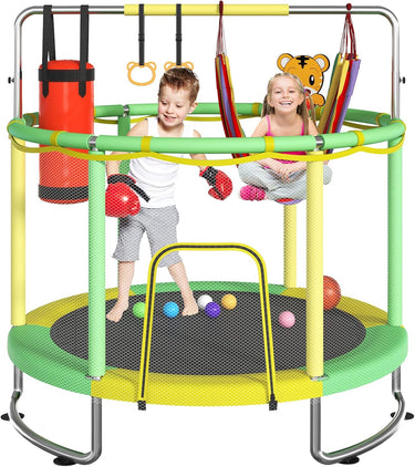 Trampoline for Kids, Upgrade Full Anti-Rust 440lbsToddler Trampoline with Net, 60'' Upgraded Ring Legs Trampoline with Adjustable Gymnastics Bar&Toys, Gifts for Ages 1-8 Boys&Girls(Yellow)
