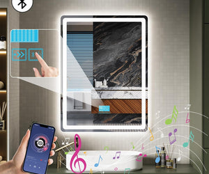 LED Bathroom Mirror with Bluetooth Speaker, 24"x 32" Lighted Bathroom Mirrors Wall Mounted, Anti-Fog, 3 Color Temperature, Dimmable Brightness, Tempered Glass, Frontlit & Backlit