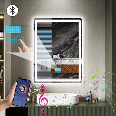 LED Bathroom Mirror with Bluetooth Speaker, 24"x 32" Lighted Bathroom Mirrors Wall Mounted, Anti-Fog, 3 Color Temperature, Dimmable Brightness, Tempered Glass, Frontlit & Backlit