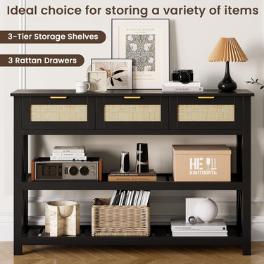 47.2" Modern Console Table with 3 Rattan Drawers, Entryway Table with 3-Tier Storage Shelves, Narrow Long Sofa Table for Entryway, Hallway, Foyer and Living Room, Black