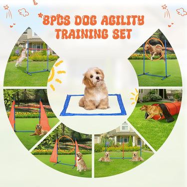Dog Agility Training Equipment, Dog Outdoor Game Set with Tunnel, Agility Hurdle, Weave Poles, Jump Ring, Pause Box, Toy Balls and Storage Bag, Perfect Obstacle Course Backyard Set Indoor & Outdoor