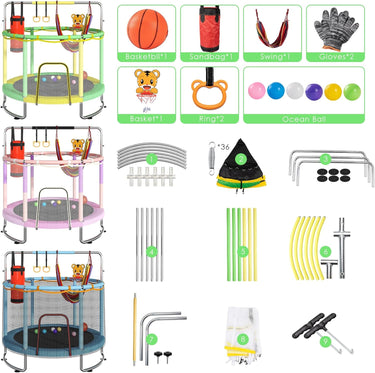 Trampoline for Kids, Upgrade Full Anti-Rust 440lbsToddler Trampoline with Net, 60'' Upgraded Ring Legs Trampoline with Adjustable Gymnastics Bar&Toys, Gifts for Ages 1-8 Boys&Girls(Yellow)