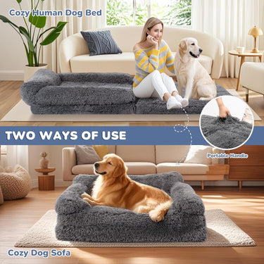 72" Foldable Human Dog Bed for Adults, Fluffy Faux Fur with Blanket, Orthopedic Washable Dog Bed with Memory Foam and Water Repellent Liner Extra Large Thick for Pet