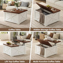 Farmhouse Lift Top Coffee Table, Square Coffee Table with Large Hidden Storage Compartment for Living Room, Wooden Coffee Tables with Brown Flip-Top Lids for Home Office, White