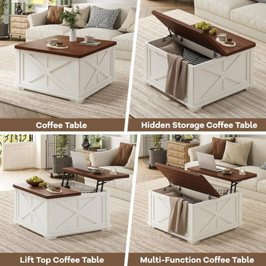 Farmhouse Lift Top Coffee Table, Square Coffee Table with Large Hidden Storage Compartment for Living Room, Wooden Coffee Tables with Brown Flip-Top Lids for Home Office, White